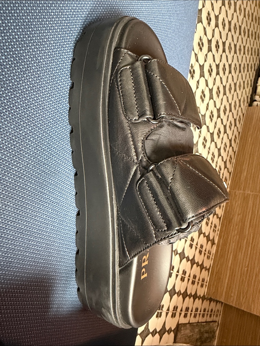Prada Black Quilted Leather Double-Strap Slide Sandals Platform size 37 - Picture 15 of 16